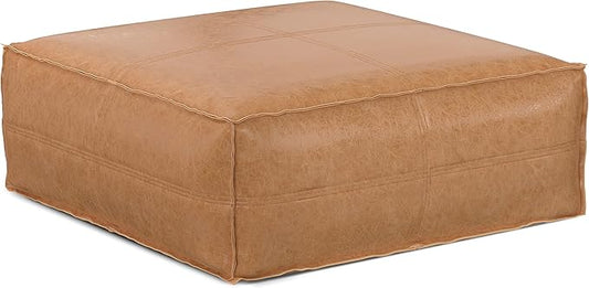 SIMPLIHOME Brody 36-inch Wide Extra Large Square Coffee Table Pouf in Distressed Brown Vegan Faux Leather, Boho-Style Ottoman, Footrest, or Extra Seating for Living Room, Assembled