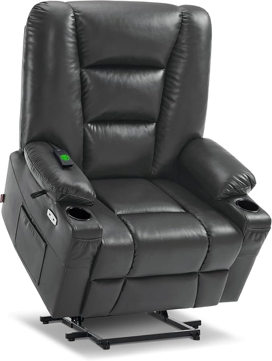MCombo Oversized Power Lift Recliner Chair with Massage and Heat for Big and Tall Elderly People, Cup Holders, USB Ports, Side Pockets, Faux Leather R7541 (Dark Grey, Large-Oversize)
