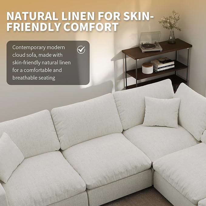 Modern Sectional Linen Couch for Living Room V-Shape Sofas,4 Seat Modular Cloud Sofas,Couches Cushion Covers Removable,Cozy Feather Down Sofa for Apartment Cream White