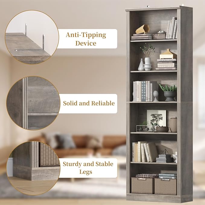 75" Tall Bookshelf & Bookcase, 6-Tier Adjustable Storage Shelves, Book Shelf with Anti-Tipping Device, Floor Standing Modern Display Rack for Living Room, Bedroom, Office, Grey