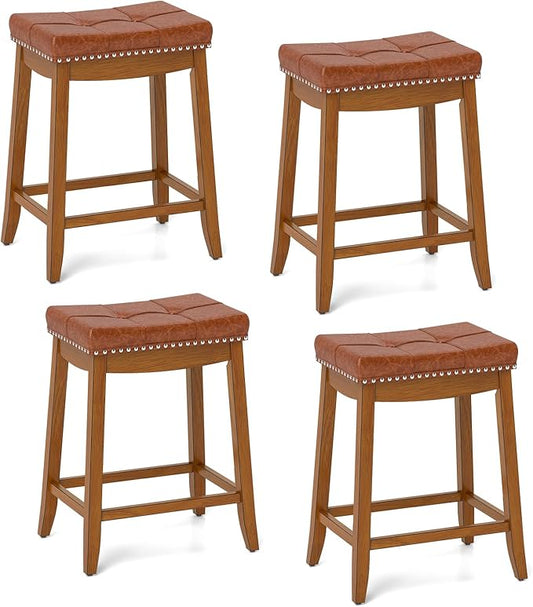 COSTWAY Saddle Bar Stools Set of 4, 25-Inch Counter Height Barstools w/PU Leather Seat, Solid Rubber Wood Frame, Footrest, Mid-Century Backless Counter Stools for Kitchen Island Home Bar