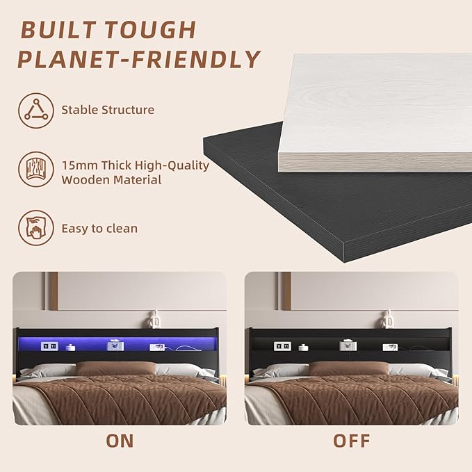 Modern Wooden Headboard Only with Storage,Wall Mount Bed Backboard with LED Light Power Outlets 2 USB Ports for Bedroom (Black, King)