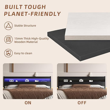 Headboard Only,Modern Headboard with Storage Built-in Power Outlets 2 USB Ports LED Lighting, Gap-Free Wall Design Easy Assembly (Black, Queen (U.S. Standard))
