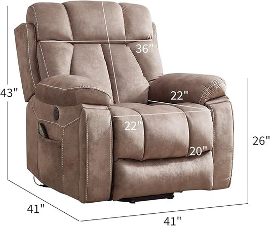 Large Power Lift Recliner Chair with Massage and Heat for Elderly, Wide Padded Recliner with 2 Cup Holders, Side Pocket & USB Charger (1, Khaki)