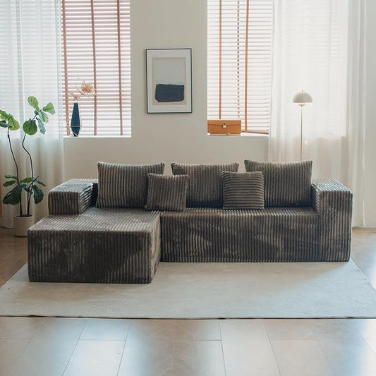 Upgrade 108’’ L Shape Cloud Couch, Plush Corduroy Sectional Sofa with Chaise, Boneless Couches for Living Room Bedroom, No Assembly Required (Khaki, Left Facing Chaise)