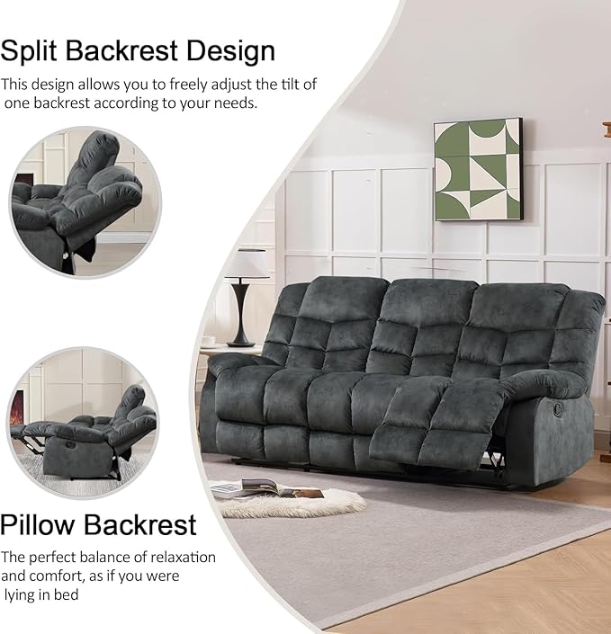 CANMOV Manual Reclining Sofa, 3 Seat Recliner Sofa with Armrest and Overstuffed Backrest, Couch Set for Living Room, Bedroom, Office, Grey