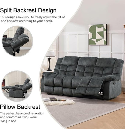 CANMOV Manual Reclining Sofa, 3 Seat Recliner Sofa with Armrest and Overstuffed Backrest, Couch Set for Living Room, Bedroom, Office, Grey