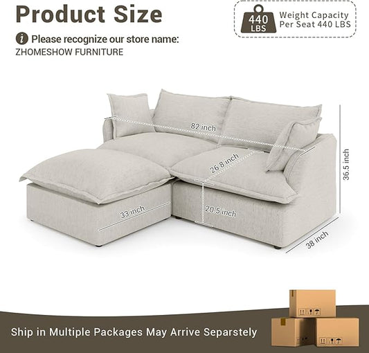 82” Modular Sectional Sofa, Comfy Down Fill Cloud Couch with Movable Ottoman, L Shaped Modular Small Couch with Washable Cover, Sectional Couches for Living Room Small Apartments, Light Gray