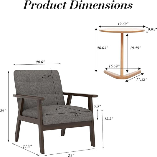 KCC Mid-Century Modern Linen Fabric Accent Chair, Upholstered Leisure Chair Comfy Reading Side Chair with Armrest and Solid Wood Frame for Living Room Bedroom Balcony(Gray)
