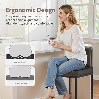 ALPHA HOME 24 Inch Bar Stools Set of 4, Kitchen Counter Stools with Backs, PU Leather Barstools, Kitchen Stools with Back&Upholstered Footrest, Sturdy Chromed Metal Steel Frame, Grey