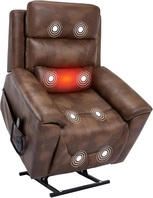 PELUMY Power Lift Recliner Chair for Elderly with Massage and Heat, Dual Motor Heavy Duty 350lbs Recliner, 8-Point Vibration & Lumbar Heating, Electric Lift Chair (Breathable Leather, Brown)