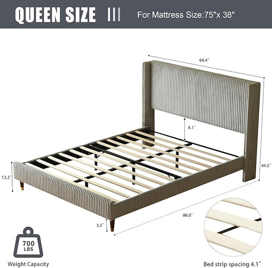 PINJU Queen Size Bed Frame, Upholstered Platform Bed with Modern Vertical Striped Wingback Headboard with Wooden Slats, Easy to Assemble No Noise Free (Grey, Queen (U.S. Standard))