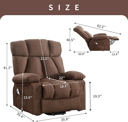 Oversized Power Lift Recliner Chair for Elderly, Big and Tall Lift Chair with Massage and Heat for Living Room, Fabric Electric Recliner Chairs with 4 Side Pockets, USB Charge Port,Brown