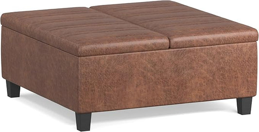 SIMPLIHOME Ellis 36 inch Wide Contemporary Square Coffee Table Storage Ottoman in Distressed Saddle Brown Vegan Faux Leather, Assembled, For the Living Room and Bedroom