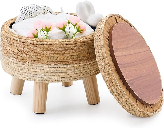 Cpintltr Storage Ottoman Poufs Handwoven Footstool Natural Seagrass Round Footrest Stool with 4 Wood Legs Soft Padded Outdoor Seat for Hallway Lounge Bedroom Garden