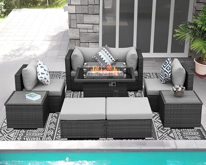NICESOUL 9 Piece Outdoor Patio Sofa Set with Fireplace Natural Gas/Propane, 29.3'' High Back Comfy Sectional, Oversized Deep Seating Wicker Conversation, XL Big Outside Furniture for Backyard, Gray