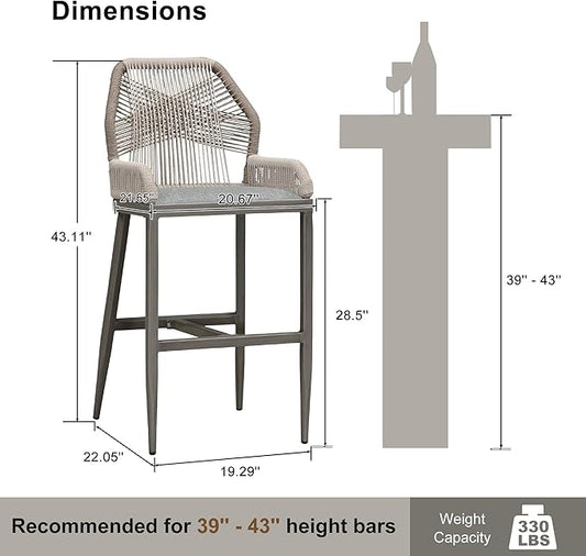 PURPLE LEAF 2 Pieces Bar Stools Patio Modern Rattan Barstools Aluminum Woven Tall Bar Chairs with Cushions for Outdoor Kitchen Island Garden