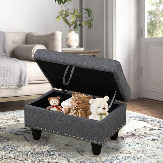 Linen Fabric Storage Ottoman with Nailhead Trim, 28.5"X19.5"X17.5" Footrest Stool, Hidden Storage Foot Stool for Living Room, Bedroom Furniture, Grey