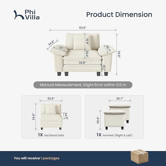 PHI VILLA Cloud Oversized Sectional Sofas, Single Sofa with Deep Seat for Living Room Reading Nook, Chenille Corduroy Dual Fabric, Beige