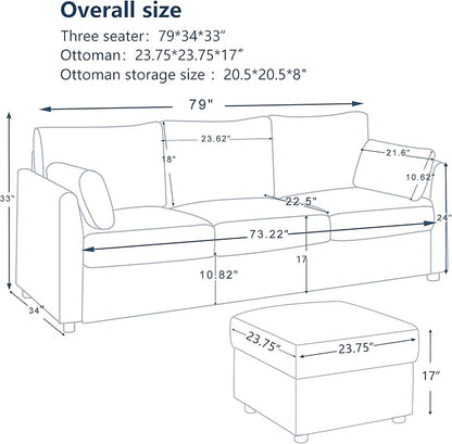 79" Small Couches with Storage Ottoman 3 Seat L Shaped Couch Sectional Sofa with Chaise Lounge for Apartment,Dorm,Bonus Room,Compact Spaces. (Blue, 3+OTT)