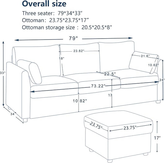 79" Small Couches with Storage Ottoman 3 Seat L Shaped Couch Sectional Sofa with Chaise Lounge for Apartment,Dorm,Bonus Room,Compact Spaces. (Blue, 3+OTT)