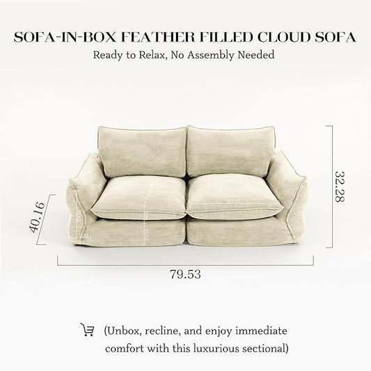 81'' Down Blend Loveseat, Deep Seat Cloud Sofa with Feather-Filled Cushions, Ultra Soft Sink-in Comfort Couch for Living Room, Modern Oversized Sofa – Ivory White