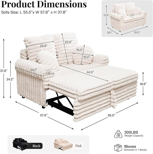 Belffin Upholstered Chaise Lounge Pull Out Sofa Bed with Pillows Couch Bed Sofa Pull Out Couch Sleeper Chair with Rolled Armrests for Living Room Plush Corduroy (White)