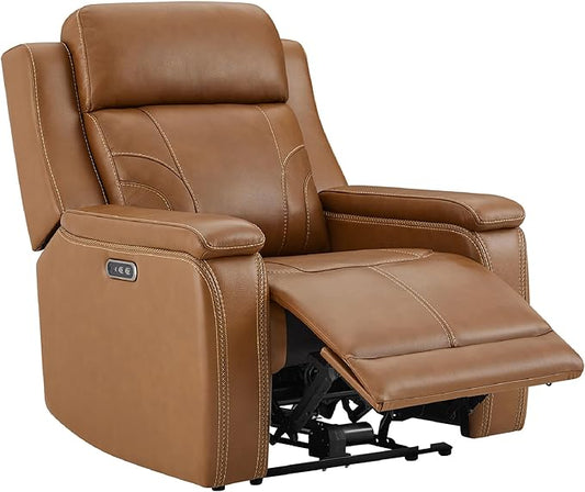 Watson & Whitely Oversized Lay Flat Recliner for Big and Tall, Genuine Leather Electric Recliner Chairs for Adults with Power Headrest & Chargers for Living Room, Saddle Brown