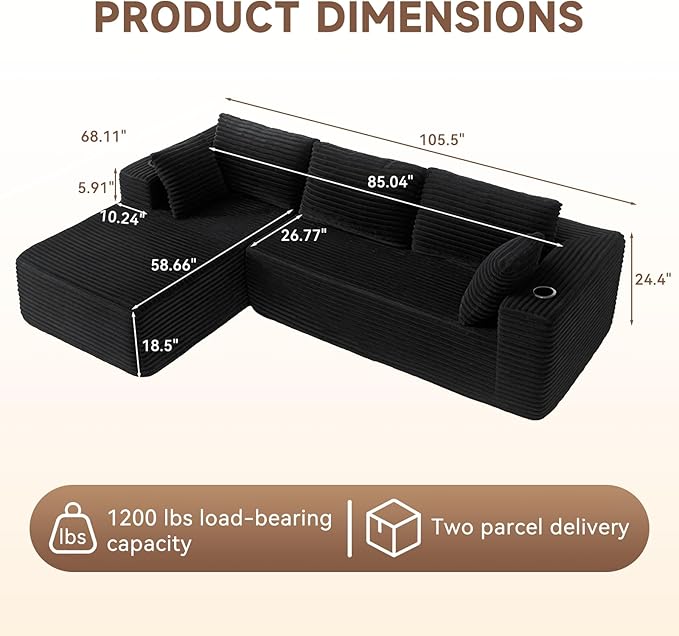 106" Cloud Couch Corduroy Modular Sectional Sofa L-Shape Boneless Couch with Wide Armrests and Cup Holders for Living Room Bedroom, No Assembly Required (Black)