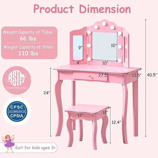 Kids Vanity Set, Kids Vanity Table and Chair Set with Stool and Light, 2 in 1 Wooden Kids Make Up Vanity Desk, Princess Makeup Table with Drawer for Girls
