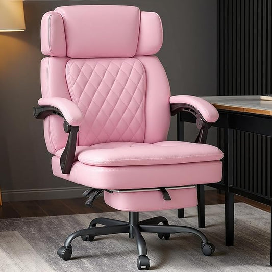 400lbs Office Chair with Foot Rest, Ergonomic Big and Tall Office Chair with Adjustable Headrest, High Back PU Leather Computer Chair,Comfy Heavy Duty Office Desk Chair (Classic Pink)