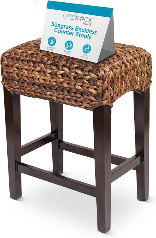 BIRDROCK HOME Seagrass Backless Counter Stools - Handwoven with Natural Fibers & Mahogany Wood Frame, Fully Assembled Seating for Indoor & Outdoor Use, for Kitchen or Dining Area - Espresso (1)