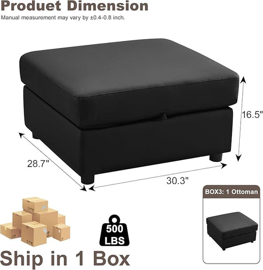 Ottoman with Storage, Faux Leather Square Storage Ottoman, Large Ottomans Foot Rest, Upholstered Foot Stools Ottomans for Modular Sectional Sofa, Coffee Table for Living Room, Black