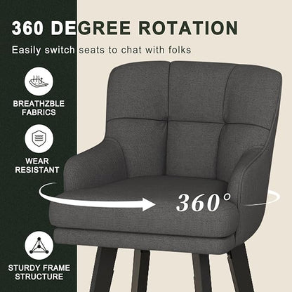 360°Swivel Counter Height Bar Stools with Back, 26 inch Solid Wood Legs, Bar Stool Modern Kitchen Island Chairs, Fabric (Black Grey- Fabric, 26" H- Set of 6)