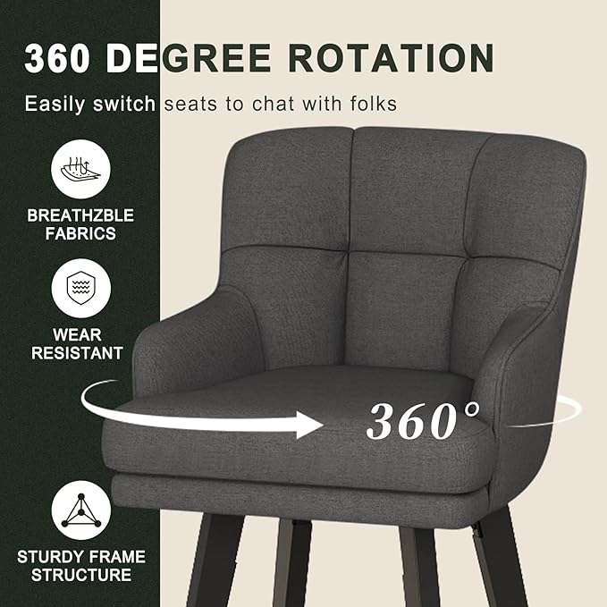 360°Swivel Counter Height Bar Stools with Back, 30 inch Solid Wood Legs, Bar Stool Modern Kitchen Island Chairs, Fabric (Black Grey- Fabric, 30" H- Set of 3)