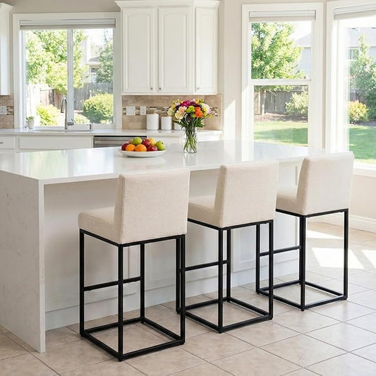 31" Counter Height Bar Stools Set of 3 with Back and Footrest for Kitchen Modern Metal Barstools, Linen Upholstered Bar Chairs Island Stools, Beige