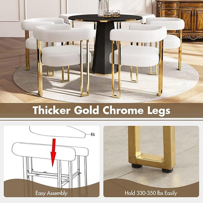 Beige and Gold Modern Dining Chairs Set of 2, Velvet Upholstered Barrel Armchairs with Metal Legs for Kitchen Island, Mid Century Accent Chairs for Dining Room Living Room, Open-Back
