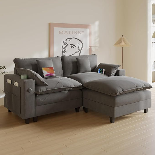 Cloud Couch, Modular Sectional Sofa with Ottoman, Charging Station, Throw Pillows, Cup Holders, Modern Convertible L Shaped Couches for Living Room, Bedroom (Grey, 80.7"- L Shape)