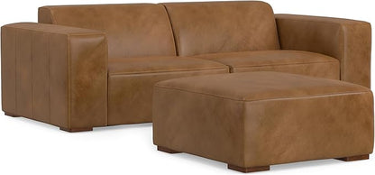 SIMPLIHOME Rex Modular Sofa and Ottoman Set in Full-Grain Genuine Leather, Caramel Brown, 88-inch-Wide 2-Seater Leather Couch and Matching 34-inch-Wide Table Ottoman for Living Room
