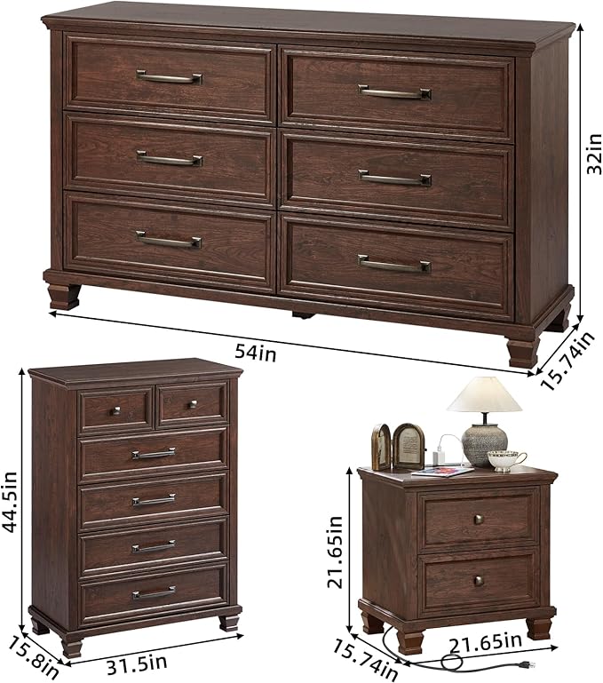 Farmhouse Bedroom Dresser and Nightstand Set of 4, 6 Drawer Tall & Low Dresser & 2 Drawer Nightstand Set, Rustic Wood Bedroom Furniture Set for Livingroom, Hallway, Walnut