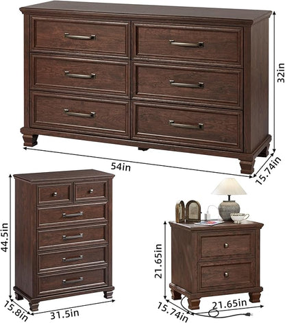 Farmhouse Bedroom Dresser and Nightstand Set of 4, 6 Drawer Tall & Low Dresser & 2 Drawer Nightstand Set, Rustic Wood Bedroom Furniture Set for Livingroom, Hallway, Walnut