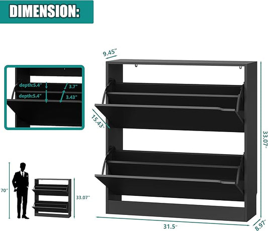 Shoe Storage Cabinet for Entryway with 2 Flip Drawers, Wood Freestanding Hidden Shoe Storage, Sturdy Narrow Slim Shoe Organizer for Front Door Entrance, Living Room, Hallway, Bedroom, Black