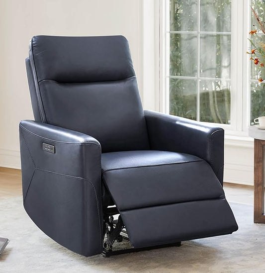 CHITA Genuine Leather Power Recliner Chair for Adults, Electric Wall Hugger Recliner for Small Spaces, Modern Living Room and RV Recliner Chair with Power Headrest & Charging Ports, Dark Blue