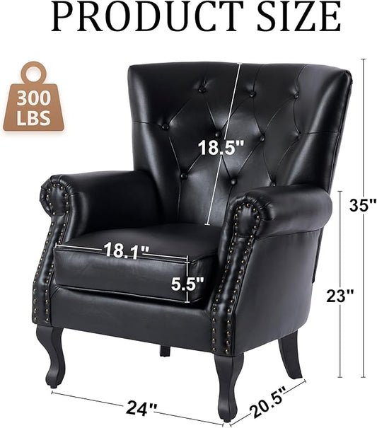 Modern Accent Chair Set of 2, Mid-Century PU Leather Armchair with Solid Wood Legs, Single Sofa Chair for Living Room, Bedroom, Leisure Room, or Reading Room(Black)