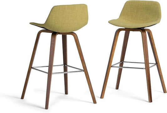 SIMPLIHOME Randolph Counter Stools (Set of 2) - 28 Inch Seat Height Upholstered Bentwood Kitchen Seats in Acid Green Linen Look Fabric, Mid Century Modern Seating with Curved Backrest and Footrest