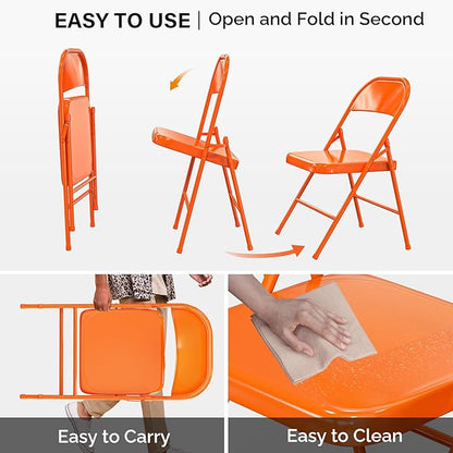 VINGLI Folding Chairs All Steel Metal Frame, Capacity 350 lbs, Durable Portable and Versatile for Indoor Outdoor Use, Orange, Set of 4