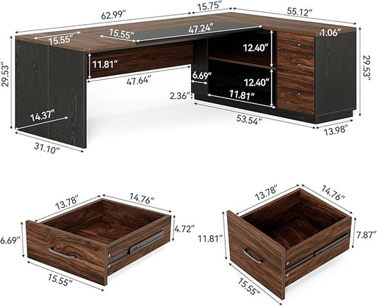 LITTLE TREE 78.7 Inches Modern Executive Desk with File Cabinet, Extra Large L Shaped Home Office Desk with Drawers, Professional Spacious Workstation for Home Office (Brown & Black)