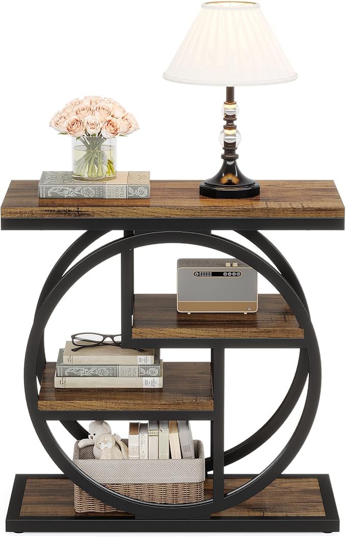 Tribesigns End Table for Living Room, 4-Tier Narrow Side Table with Storage Shelves, Industrial Bedside Table for Bedroom, Wood Small Sofa Side Table with Geometric Metal Frame (1 PC, Rustic Brown)