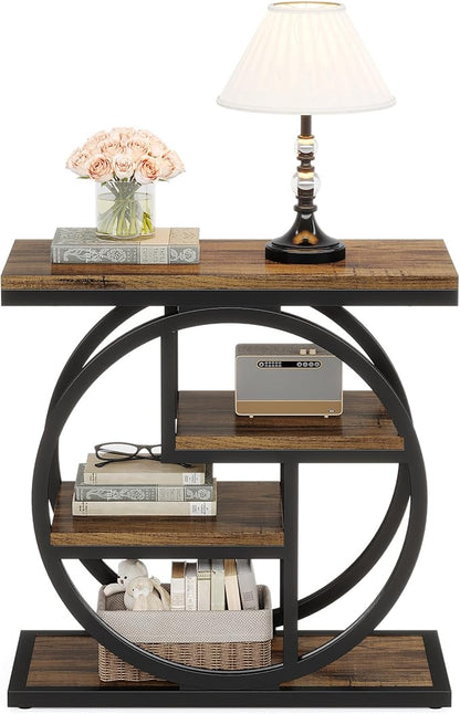 Tribesigns End Table for Living Room, 4-Tier Narrow Side Table with Storage Shelves, Industrial Bedside Table for Bedroom, Wood Small Sofa Side Table with Geometric Metal Frame (1 PC, Rustic Brown)
