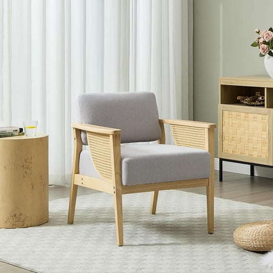 Mid Century Modern Accent Chair, Rattan Armchair with Wood Legs Living Room Chair Linen Upholstered Lounge Chair for Bedroom Reading Room, Grey